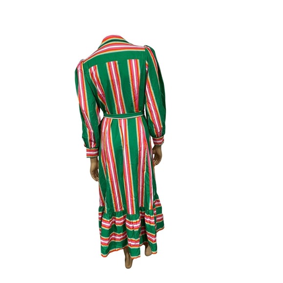 Boden Green Pink Multi Stripe Maxi Shirt Dress Ruffle Hem | Size 8P - Picture 11 of 14